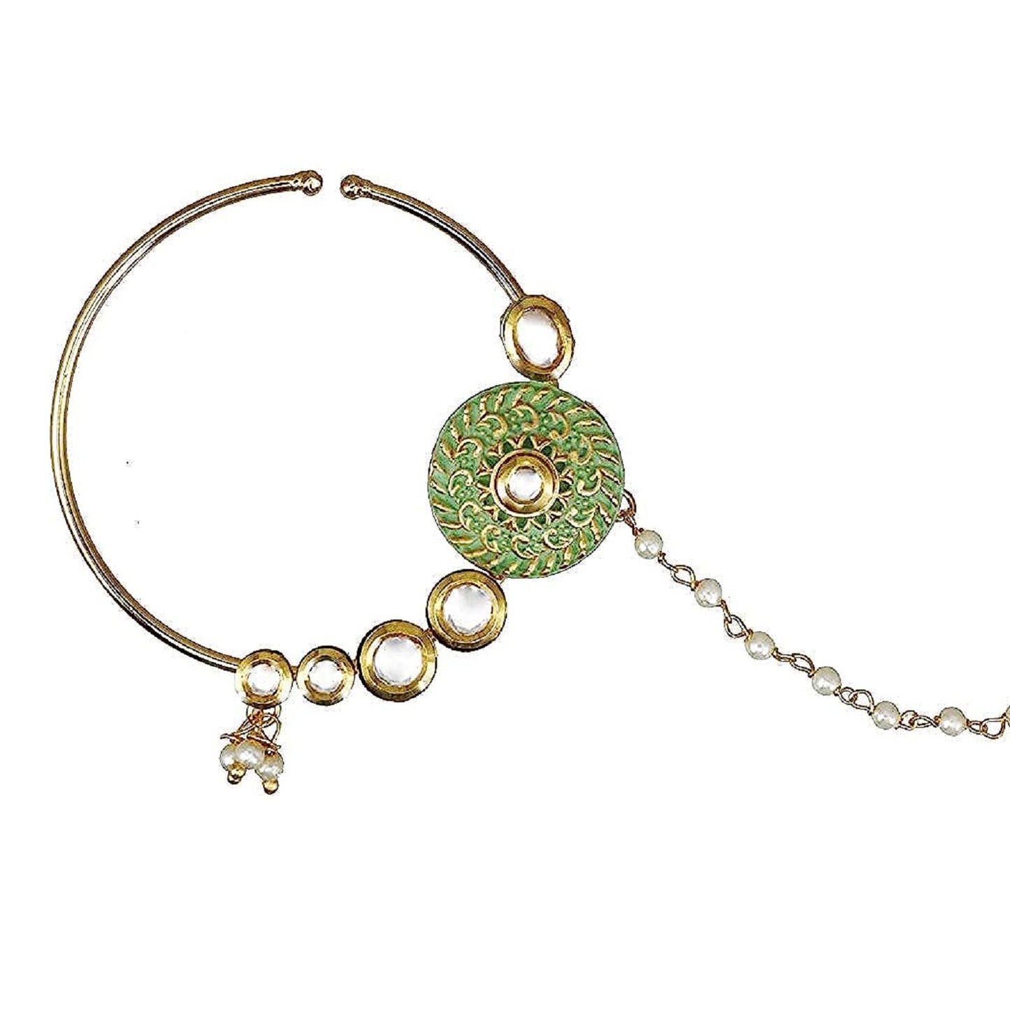 Chinar jewels Green Meena Kundan Nath.