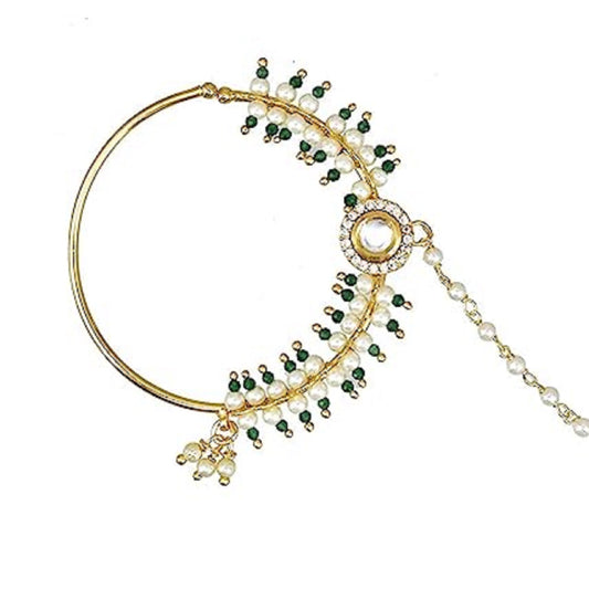 Chinar Jewels AD Round Pearl Nath,(White And Green)